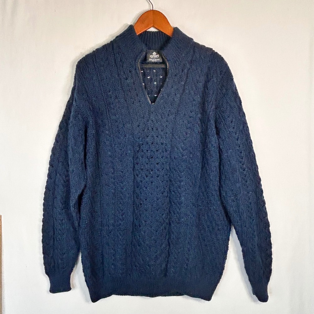 Aran Woollen Mills Mens XL Blue Merino Wool Quarter Zip Cable Knit Sweater